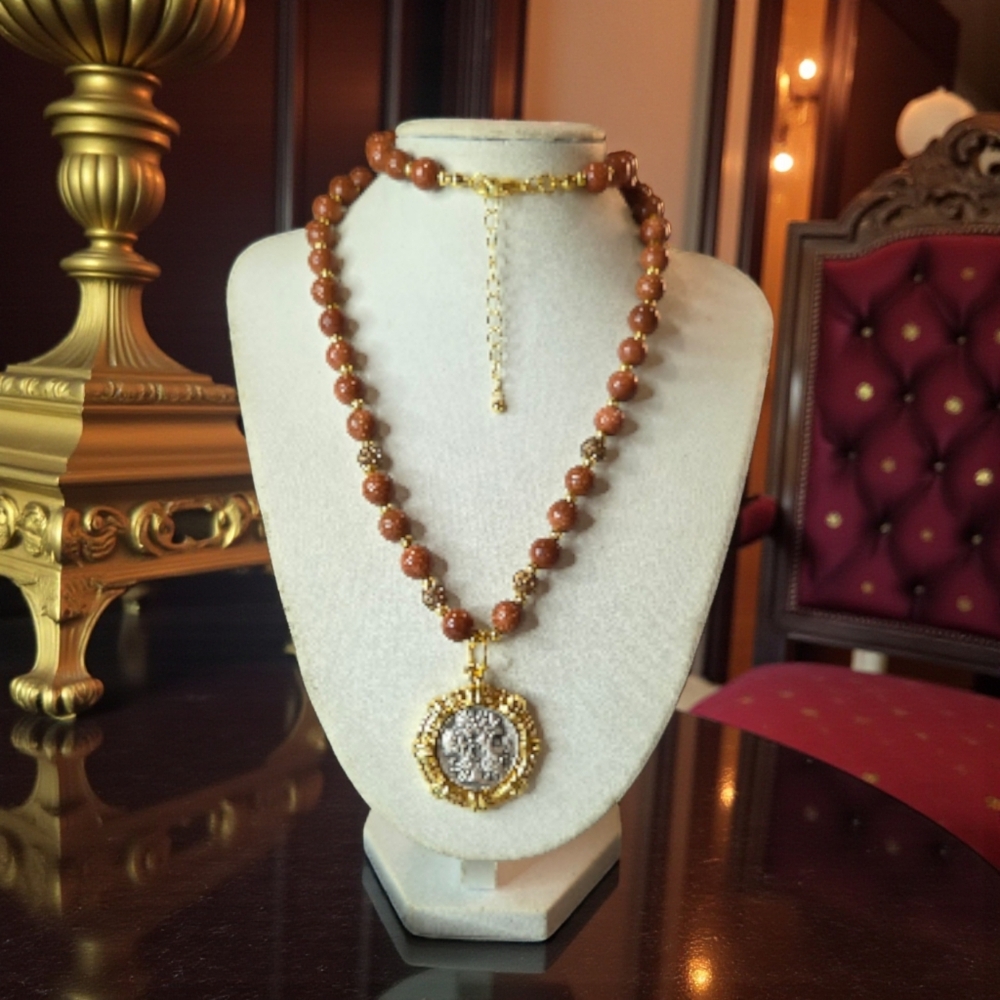Etruscan Sandstone Beaded Ancient Coin Crystal Necklace - Picture 5 of 5
